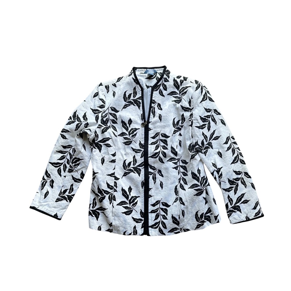 Kobe Womens Black White Leaf Print Jacquard‎ Zip Jacket Mandarin Collar Size 16